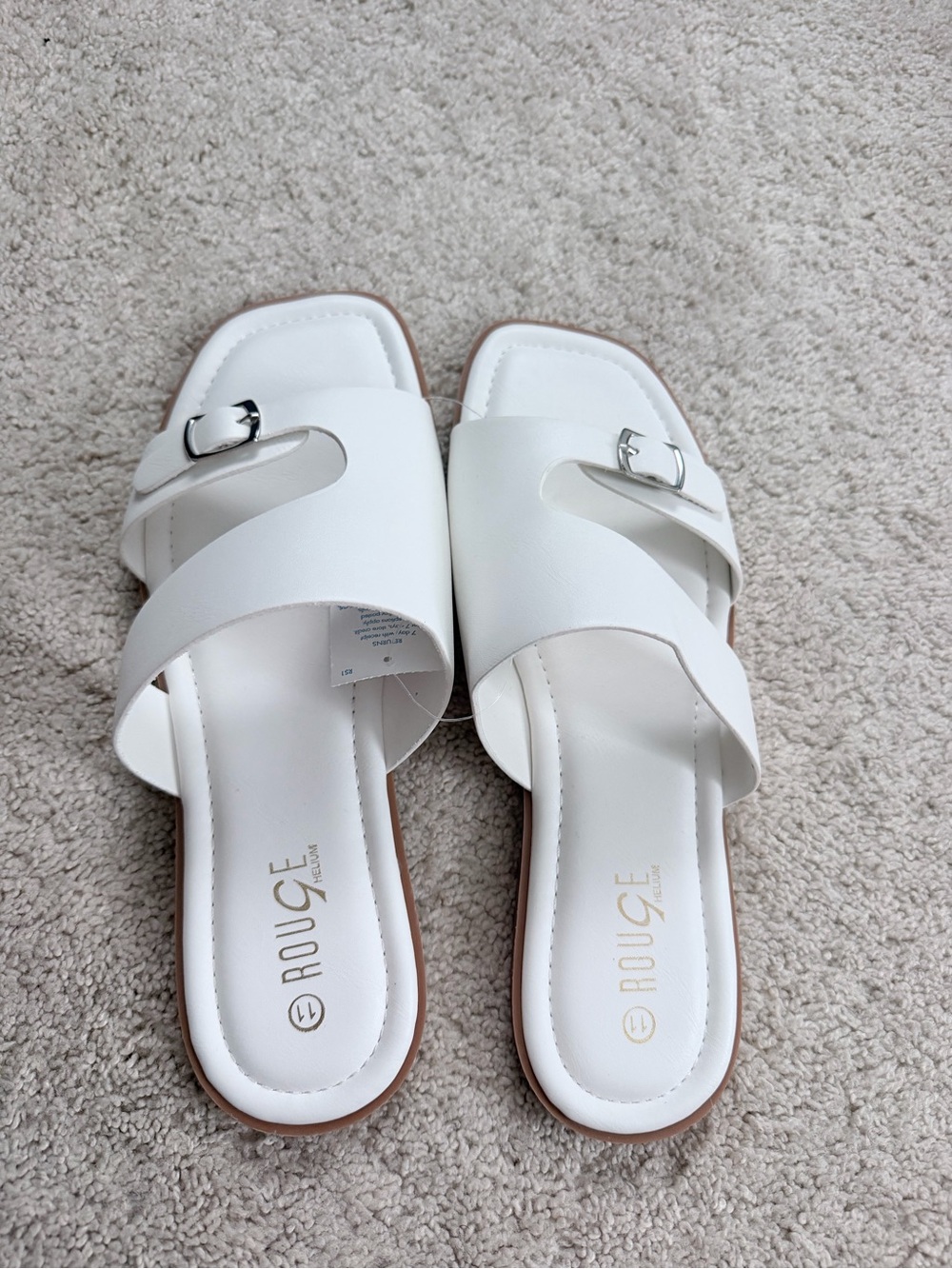 Rouge Helium White Cross-Strap Slide Mules with Silver Buckles